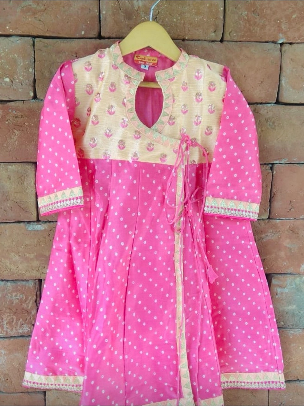 Pink Polka Dot Indian Kurta with Gold Yoke